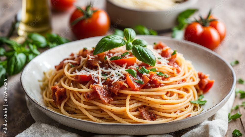 a plate of spaghetti pasta is beautifully arranged with a medley of colorful vegetables, succulent Mediterranean meat, and aromatic herbs, capturing the essence of a delicious Italian lunch