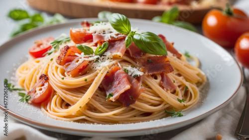 a plate of spaghetti pasta is beautifully arranged with a medley of colorful vegetables, succulent Mediterranean meat, and aromatic herbs, capturing the essence of a delicious Italian lunch