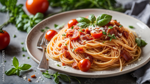 a plate of spaghetti pasta is beautifully arranged with a medley of colorful vegetables, succulent Mediterranean meat, and aromatic herbs, capturing the essence of a delicious Italian lunch