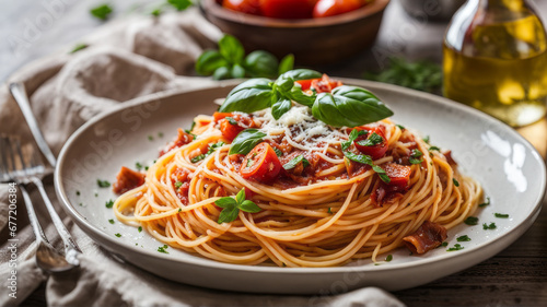 a plate of spaghetti pasta is beautifully arranged with a medley of colorful vegetables, succulent Mediterranean meat, and aromatic herbs, capturing the essence of a delicious Italian lunch