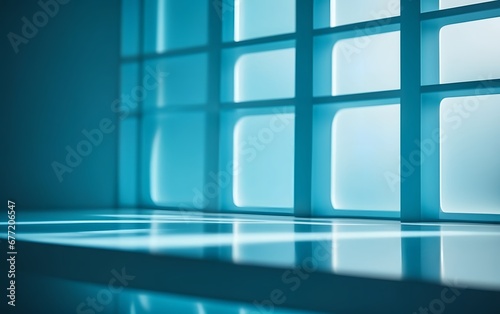 Minimalistic empty blue room with sunlight streaming in through windows.