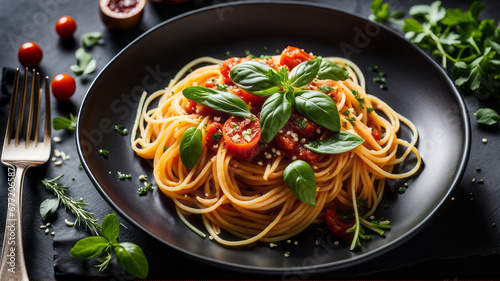 a plate of spaghetti pasta is beautifully arranged with a medley of colorful vegetables  succulent Mediterranean meat  and aromatic herbs  capturing the essence of a delicious Italian lunch