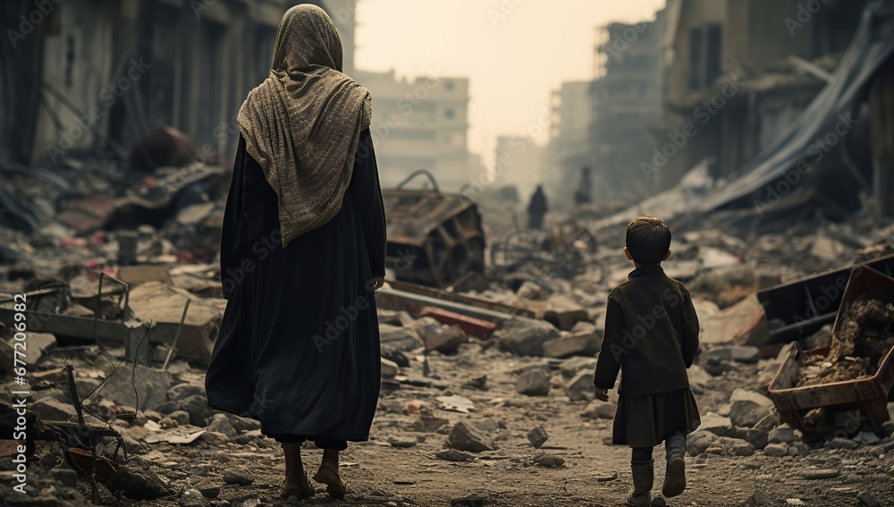 An adult woman and a young boy amidst the ruins of a city after destruction, viewed from behind. The concept of wars and destruction.