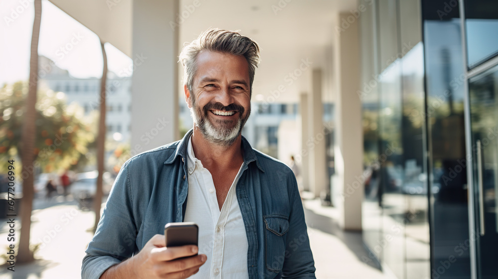 Portrait 50s mid age man jeans shirt smile hold phone.businessman talking on phone Portrait 50s mid age man jeans shirt smile hold phone.businessman talking on phone
