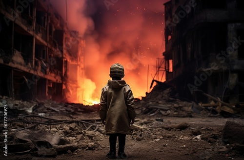 A young boy in a cap and a beige coat looks at burning buildings collapsing, symbolizing loss and disaster. The concept of wars and destruction.