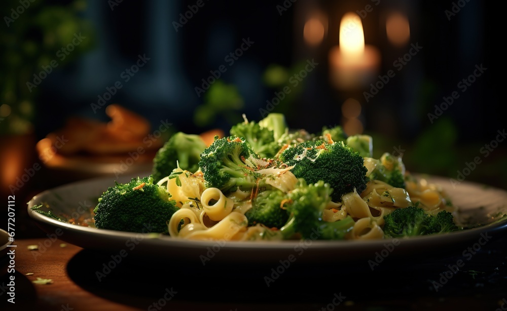 A plate with broccoli and pasta, illuminated by candles, creates a cozy atmosphere of a home dinner.