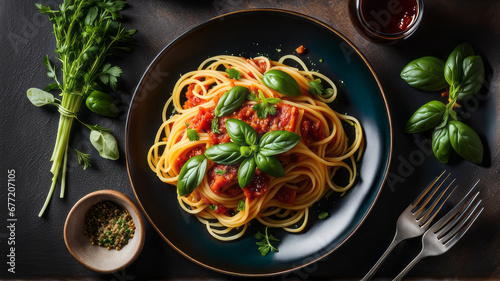 a plate of spaghetti pasta is beautifully arranged with a medley of colorful vegetables, succulent Mediterranean meat, and aromatic herbs, capturing the essence of a delicious Italian lunch photo