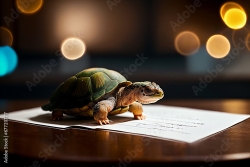 turtle on the sheet of paper in front of the fireplace and lights