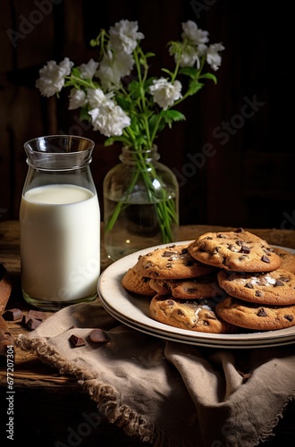 Chocolate chip cookies on a plate next to a jar of milk, against a backdrop of a wooden table and white flowers in a vase.