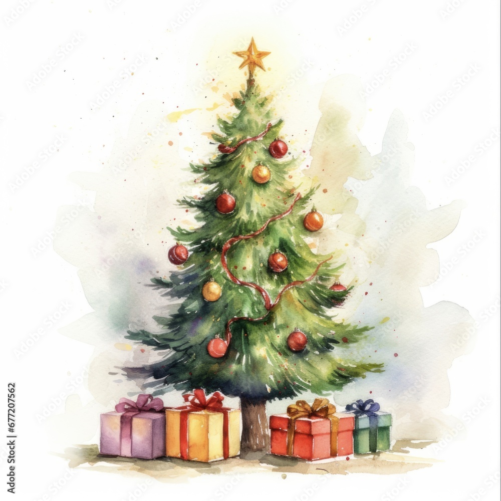 Christmas Tree Art. Hand-Drawn Watercolor Illustration of a Beautiful Abstract Fir Tree with Gifts. Merry Christmas Clip Art.