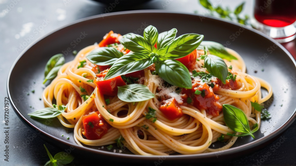 a plate of spaghetti pasta is beautifully arranged with a medley of colorful vegetables, succulent Mediterranean meat, and aromatic herbs, capturing the essence of a delicious Italian lunch a plate of spaghetti pasta is beautifully arranged with a medley of colorful vegetables, succulent Mediterranean meat, and aromatic herbs, capturing the essence of a delicious Italian lunch