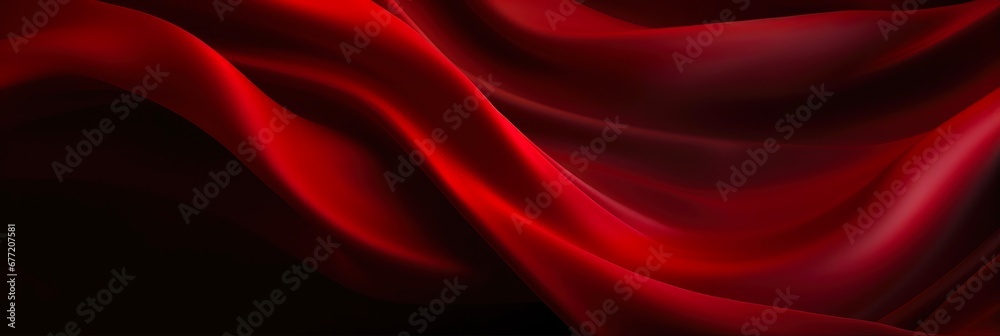 Dark Velvet Anniversary Background. Elegant Wallpaper Design with Silky Liquid Waves and Soft Red Draped Cloth.