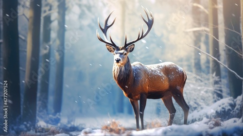Noble Deer Christmas: Majestic Cervid in Winter Snow Forest. Artistic Wildlife in Festive Winter Wonderland © AIGen