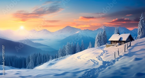 Snow Mountain House. A Magical Winter Retreat in the Snowy Mountains with a Charming Wooden Cabin. Perfect for Christmas and Winter Vacation.