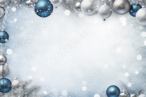Christmas Card with Photo. Blue and Silver Background with Decorations. Copy Space for Personalized Holiday Greetings.