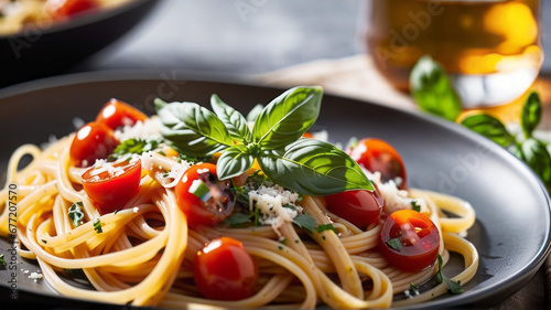 a plate of spaghetti pasta is beautifully arranged with a medley of colorful vegetables  succulent Mediterranean meat  and aromatic herbs  capturing the essence of a delicious Italian lunch