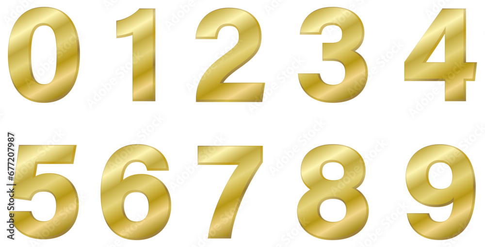 Set of golden numbers isolated on white. Alphabet with numbers. Vector graphic elements for design. Gold, metal, luxury Set of golden numbers isolated on white. Alphabet with numbers. Vector graphic elements for design. Gold, metal, luxury