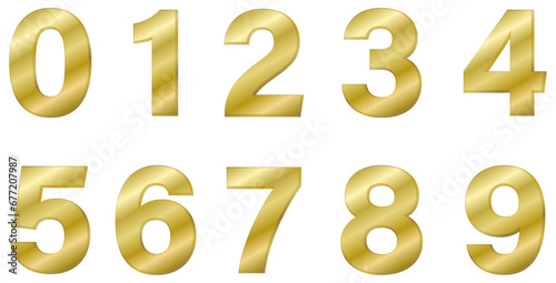 Set of golden numbers isolated on white. Alphabet with numbers. Vector graphic elements for design. Gold, metal, luxury