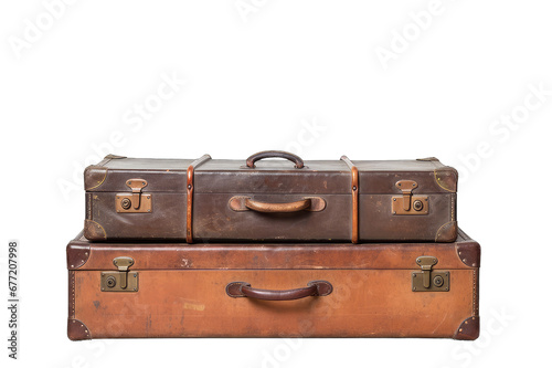 Old suitcase isolated on transparent background. Antique style, old and used suitcases