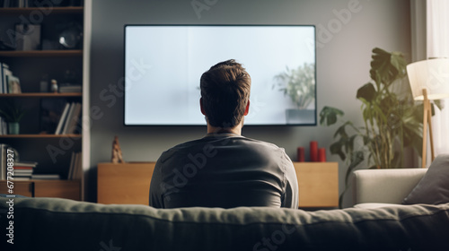 Man on the couch is watching TV. football fan watches football and rejoices at the victory. Entertainment and sports concept. Watching sports, movies on TV at home. Generated AI