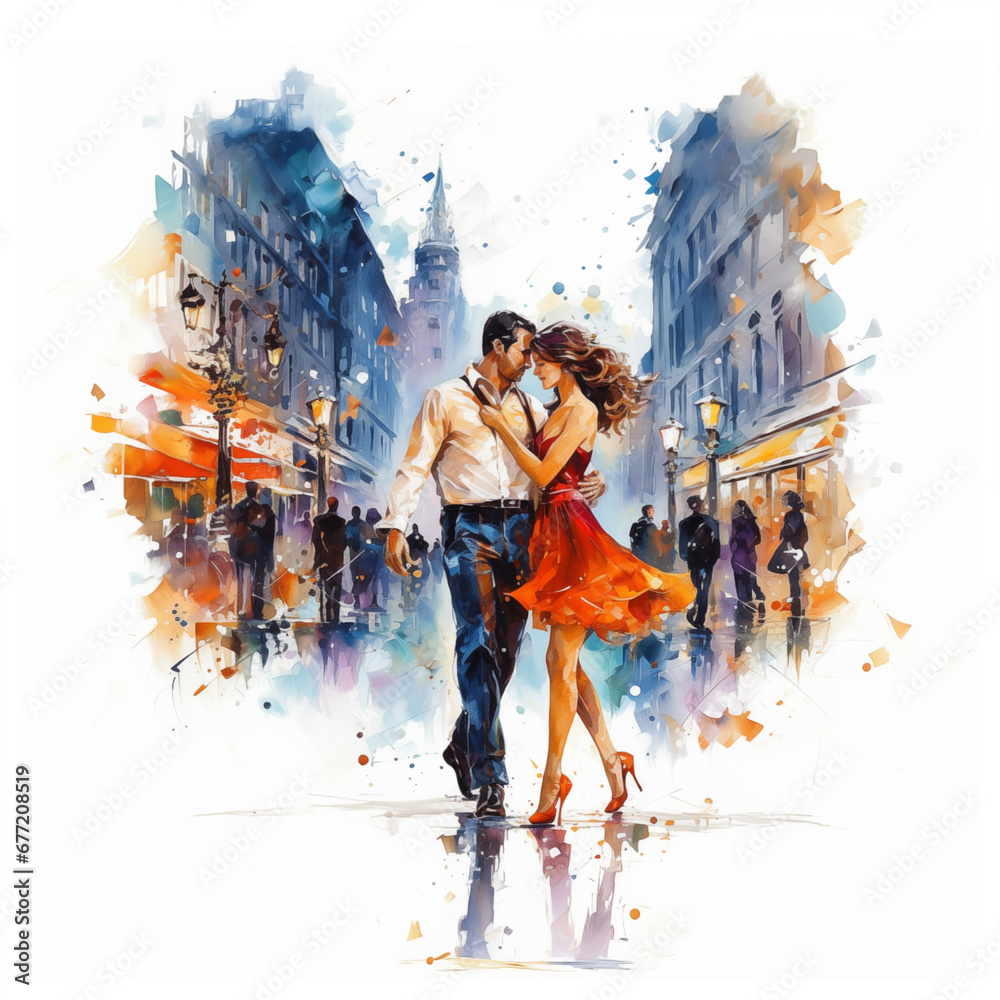An illustration of a couple tangoing in the street with a watercolor effect. - obrazy, fototapety, plakaty 