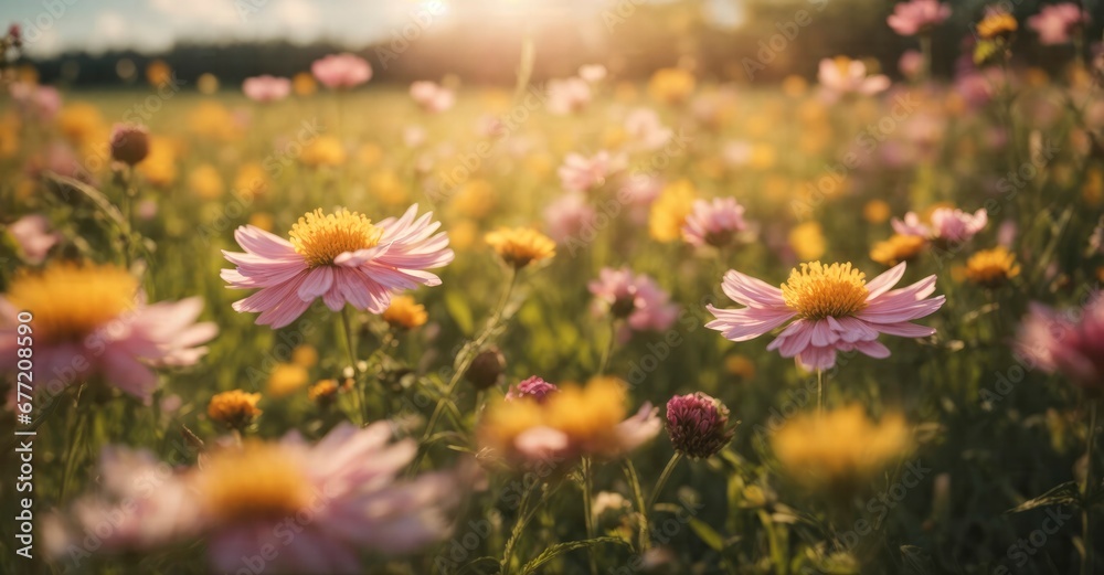 Blossoming Elegance Sunlit Flower Field in Closeup Macro, Evoking the Splendor of a Spring or Summer Garden. 8K Quality