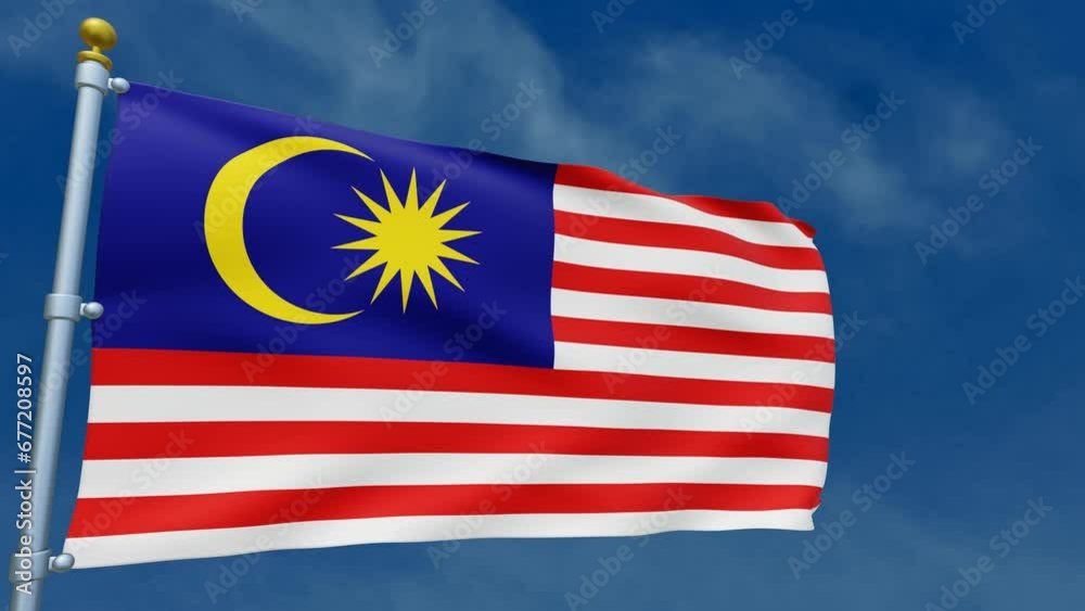 The Malaysian national flag flies over the blue sky. 3D animation of a flag flying with a vertical pole. 4k video and bottom view