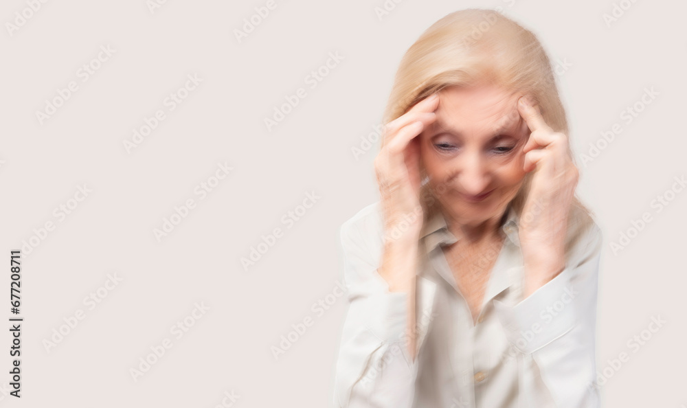 Elderly woman massaging temples touching aching head feeling strong headache or migraine Faint tired stressed elderly senior mature lady suffering from pain or dizziness Health care Medical concept
Elderly woman massaging temples touching aching head feeling strong headache or migraine Faint tired stressed elderly senior mature lady suffering from pain or dizziness Health care Medical concept