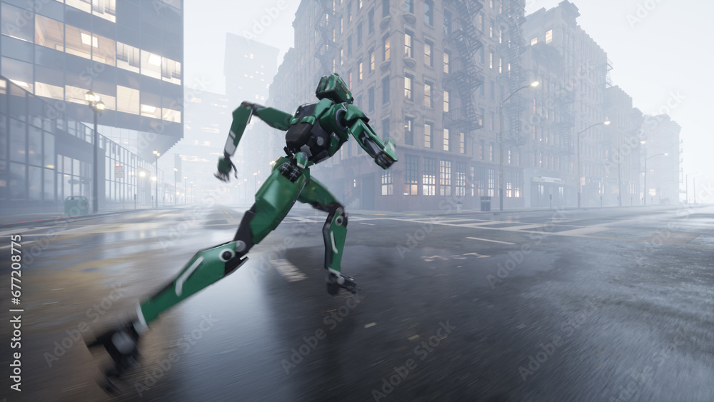 Obraz premium The humanoid AI robot runs along a deserted street in a big city. 3d render. future concept