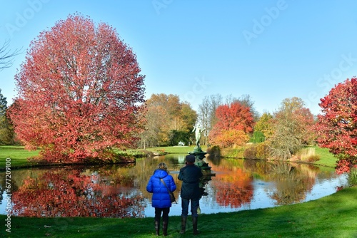 Un couple en admiration devant une beauté bucolique au bord de l'étang de l'arboretum de Wespelaar près de Louvain 