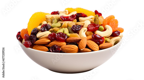 Healthy mix of nuts and dried fruits in a bowl, perfect for snacking. Transparent background. 