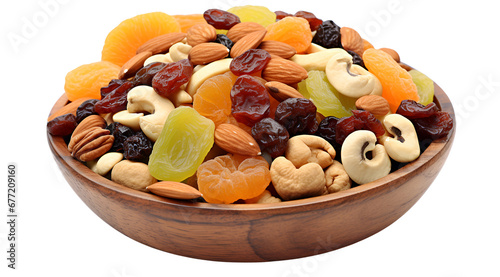 Healthy mix of nuts and dried fruits in a bowl, perfect for snacking. Transparent background. 
