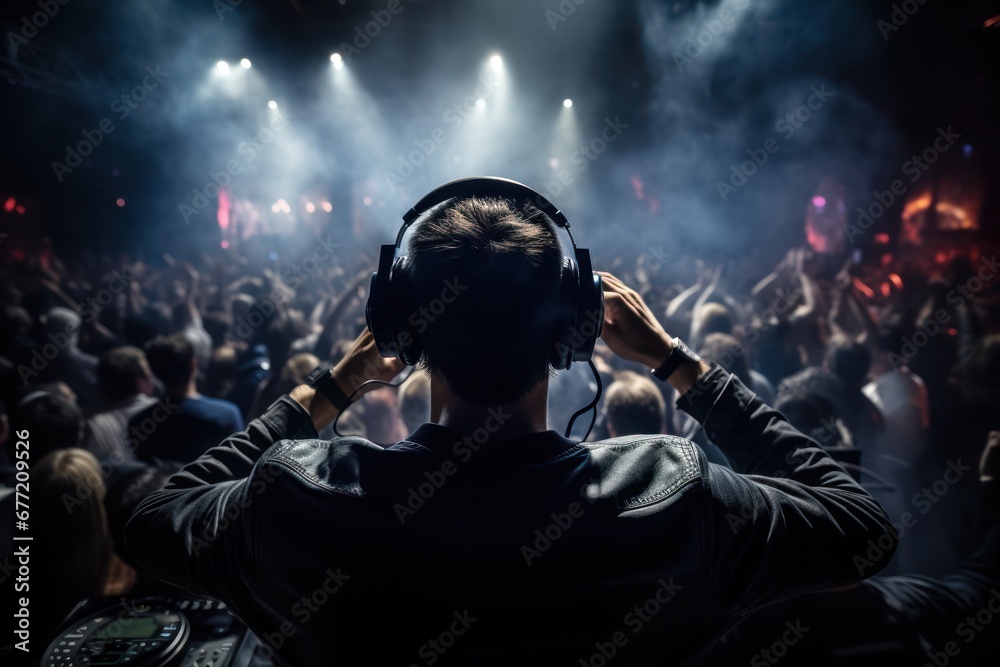 Un DJ animant une soirée musicale devant une salle pleine Un DJ animant une soirée musicale devant une salle pleine