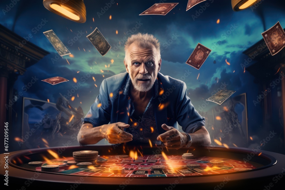 Illustration conceptuelle d'un joueur déterminé dans la salle de jeux d'un Casino - obrazy, fototapety, plakaty 