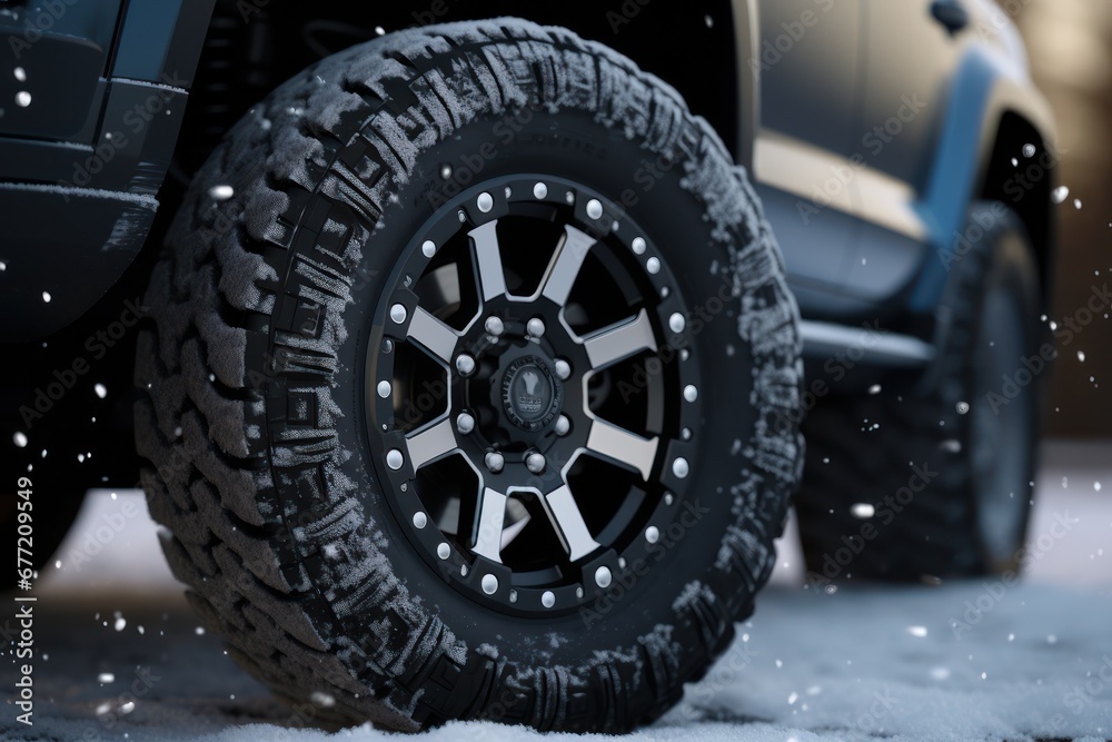 Gros plan sur la roue d'un véhicule équipée en pneumatique pour la neige Gros plan sur la roue d'un véhicule équipée en pneumatique pour la neige