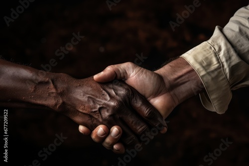 Poignée de main entre un homme noir et un homme blanc, arrière-plan noir photo