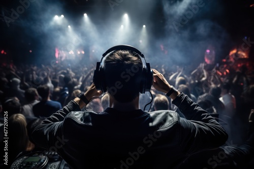 Un DJ animant une soirée musicale devant une salle pleine