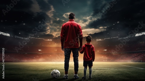 Un père tient son enfant par la main en pénétrant sur la pelouse d'un stade de football photo