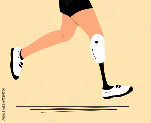 A girl athlete with a bionic prosthetic leg. Exercise running. Recovery and medical and rehabilitation. A fulfilling and happy lifestyle. Vector illustration