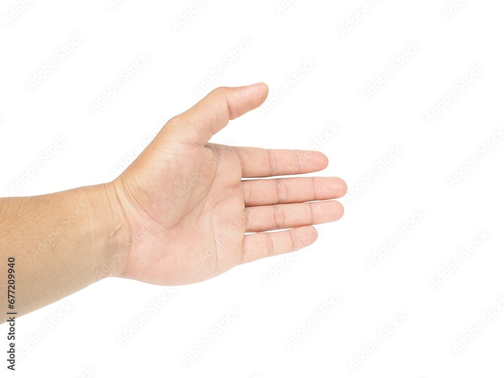 Male hands extended forward to shake hands or grab something on white background business concept. Male hands extended forward to shake hands or grab something on white background business concept.