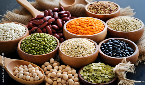 A variety of dried legumes are arranged in a bowl on a marble table. The beans are a variety of colors and shapes, and they are arranged in a neat and tidy way.