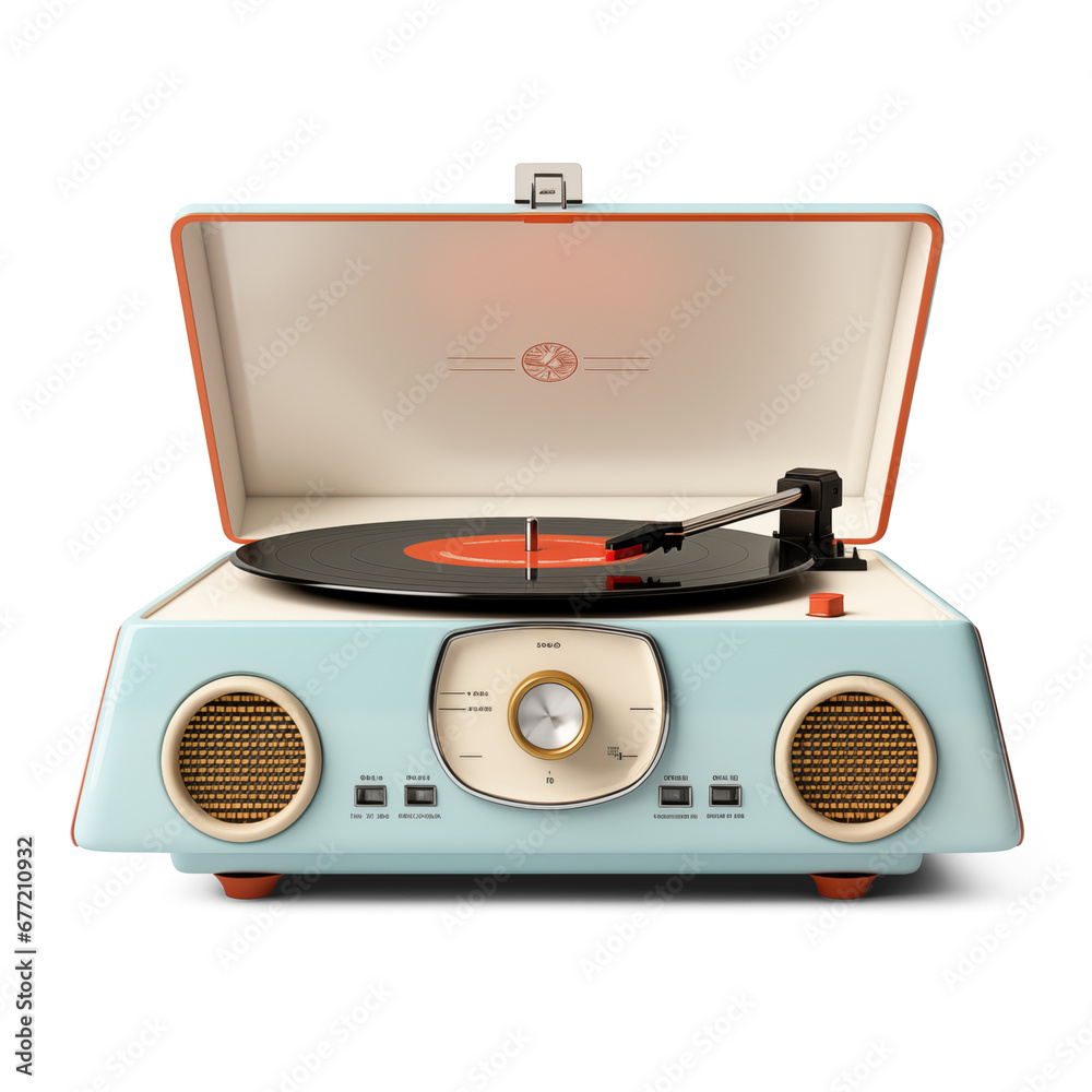Fototapeta premium Vintage record player with radio tuner isolated on white background