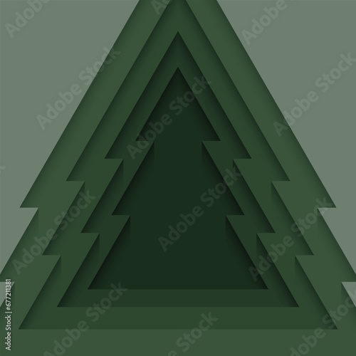 Cutting green paper into the shape of a christmas tree. Layered gradient 3d background. Design elements for cards, covers, banners, posters, backdrops, wallpaper, walls. Vector illustration.