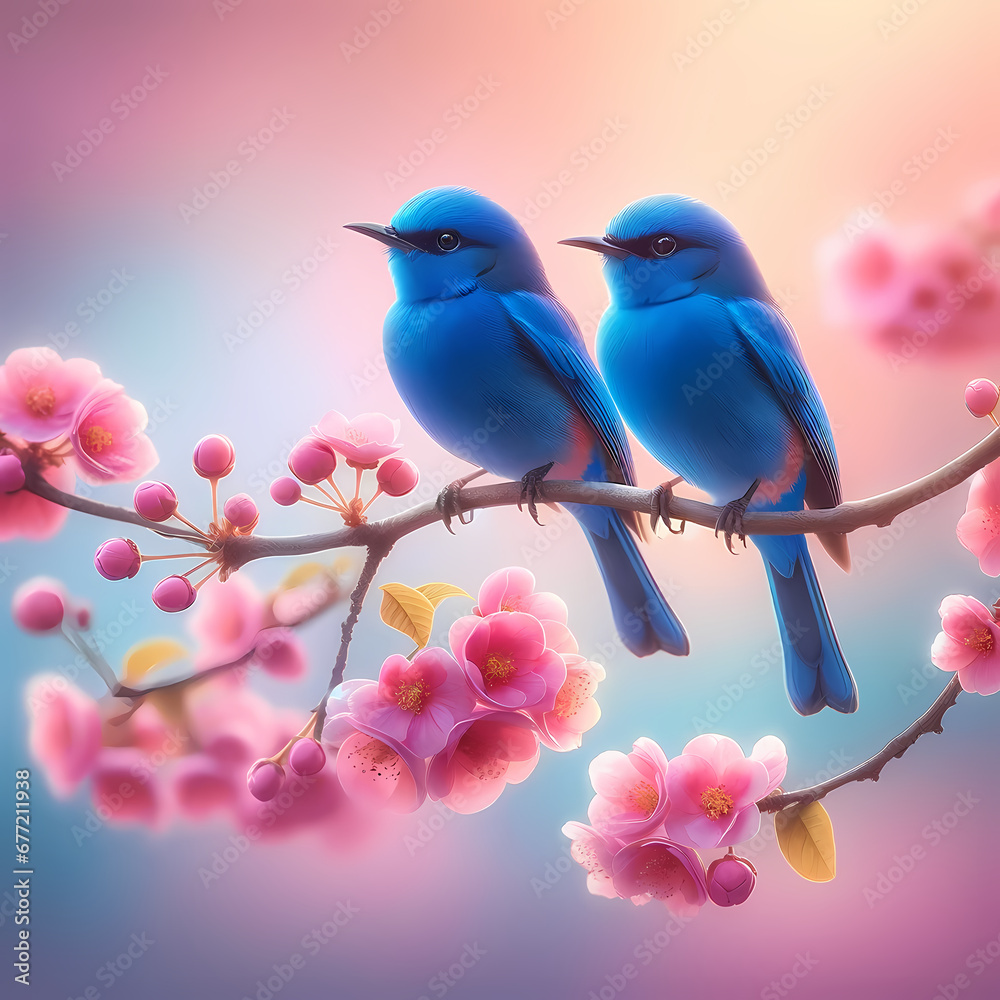 Two stunning blue birds perched on a branch adorned with small pink flowers. 