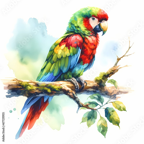 A watercolor painting of a colorful parrot sitting on a branch. The parrot is vibrantly colored, with a mix of green, red, blue, and yellow feathers