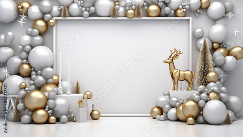a colorful frame backdrop of colorful christmas decorations and deer. White frame background