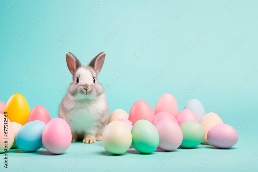Cute Easter bunny sitting on the background of Easter eggs
