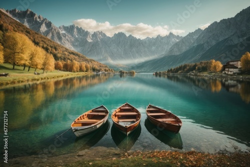 Wooden boats on the background of a clear lake and mountains covered with white snow in autumn in a natural park, resort. Travel, nature, recreation concepts