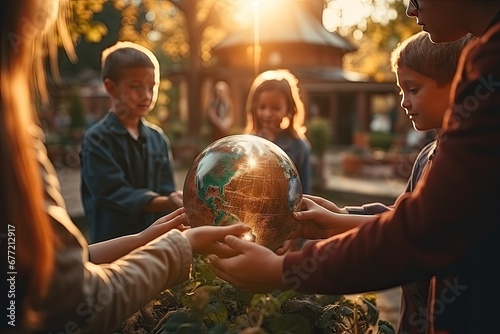 Two children's hands are holding a model globe in an eco-friendly concept.