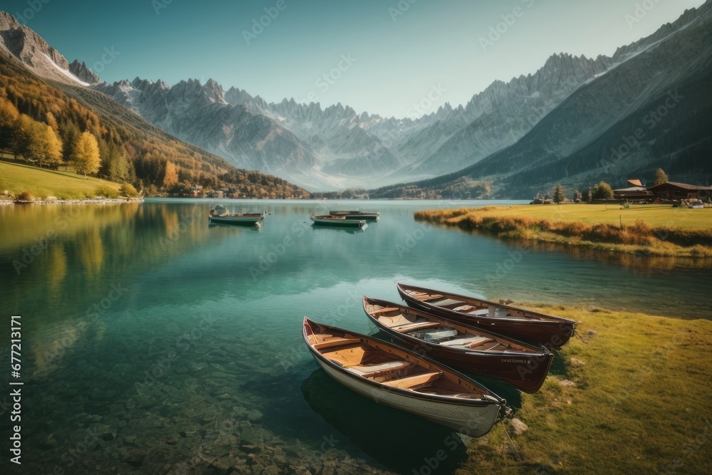Three boats on the background of a blue lake, high alpine mountains in a natural beautiful park